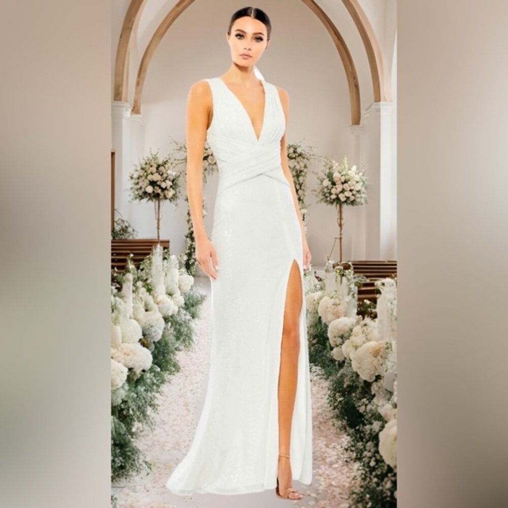 Mac Duggal White V-Neck Sequin Wrap Waist Gown 26598 Size 0,8,16